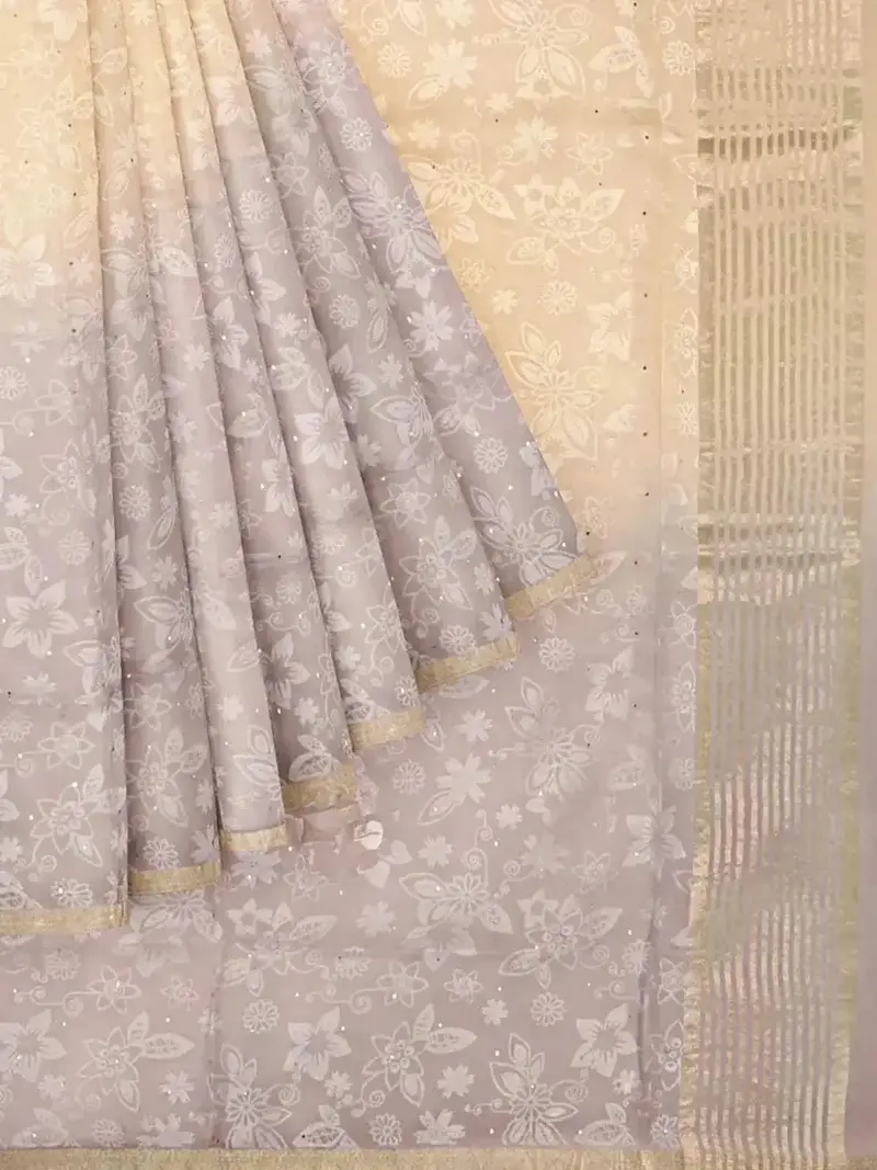 Beige Organza Silk Saree With Floral Prints On The Body And Zari Border 1