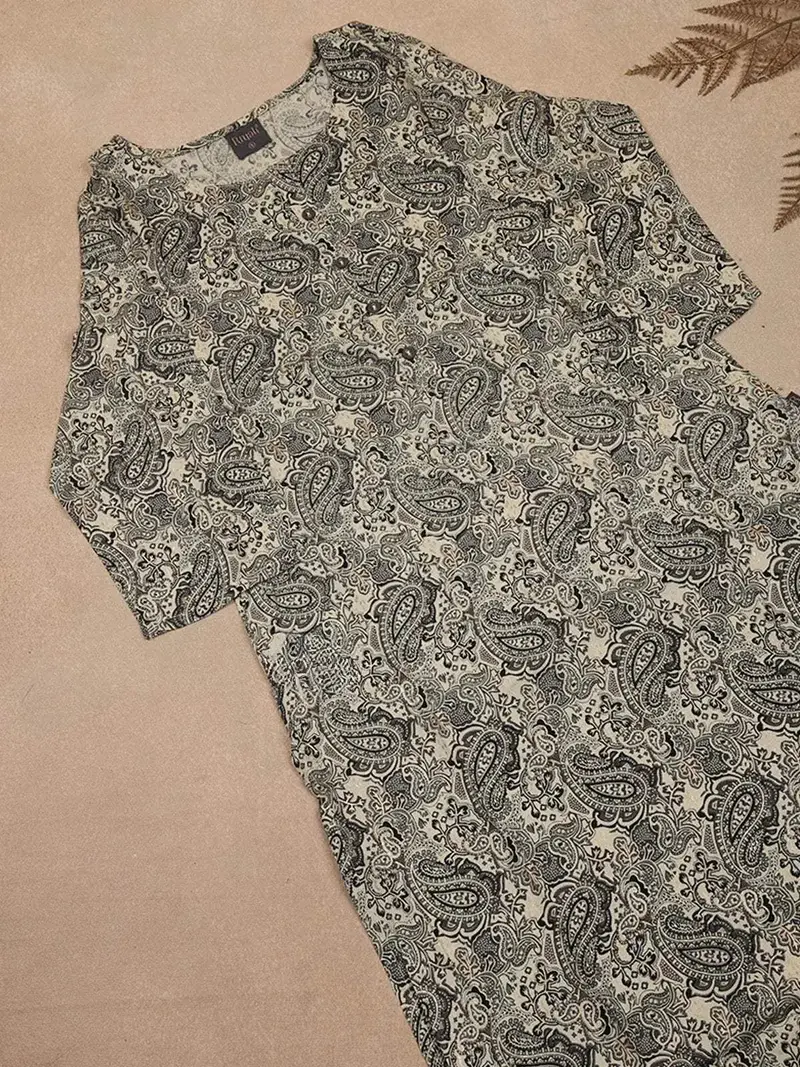 Beige Paisley Printed Cotton Rayon Kurti 1