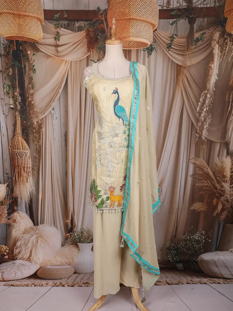 Beige Peacock And Deer Embroidered Design Silk Palazzo Suit With Dupatta 1