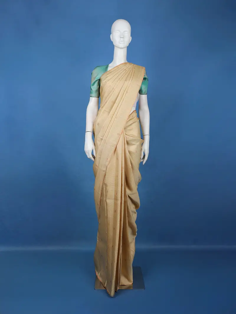 Beige Peacock And Stripes Woven Pure Kanchipuram Silk Saree 1