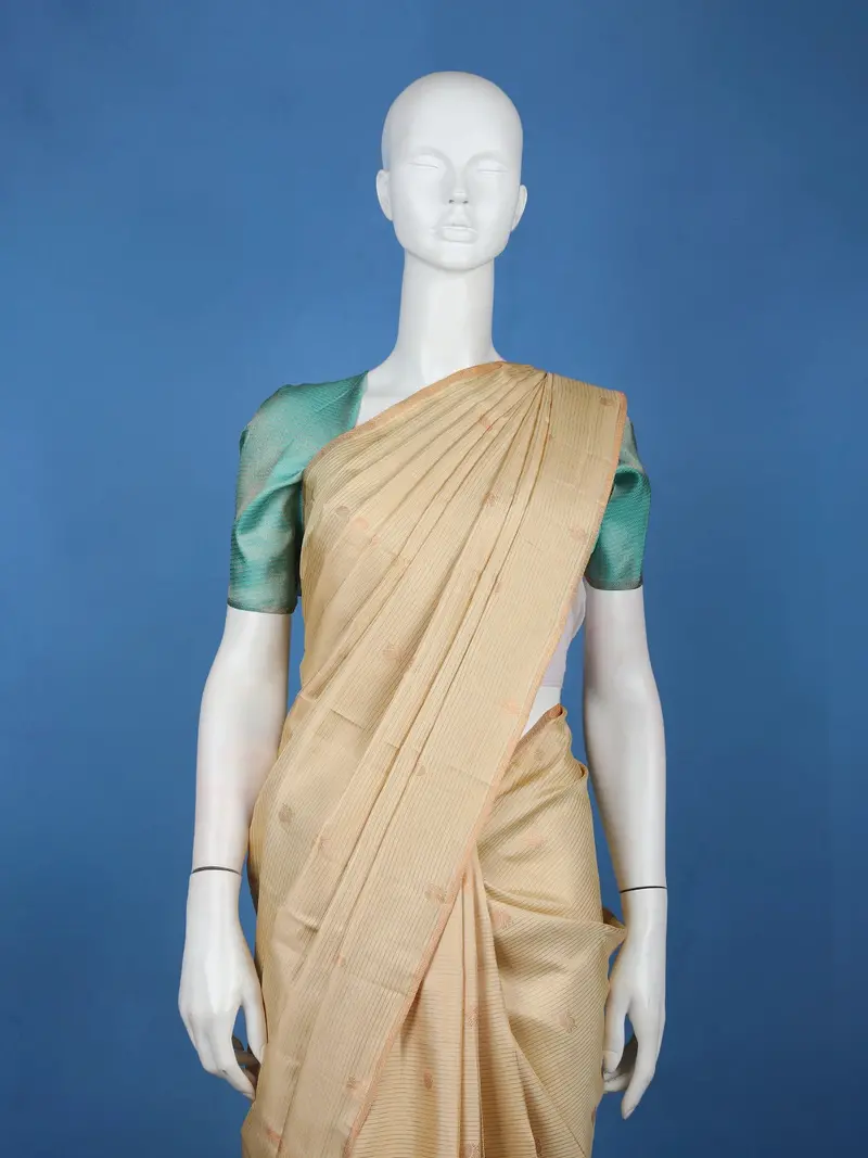 Beige Peacock And Stripes Woven Pure Kanchipuram Silk Saree 2