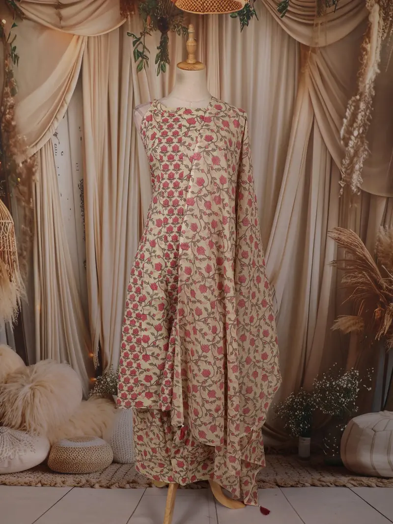Beige Pink Floral Printed Design Cotton Anarkali Salwar Suit With Dupatta 1