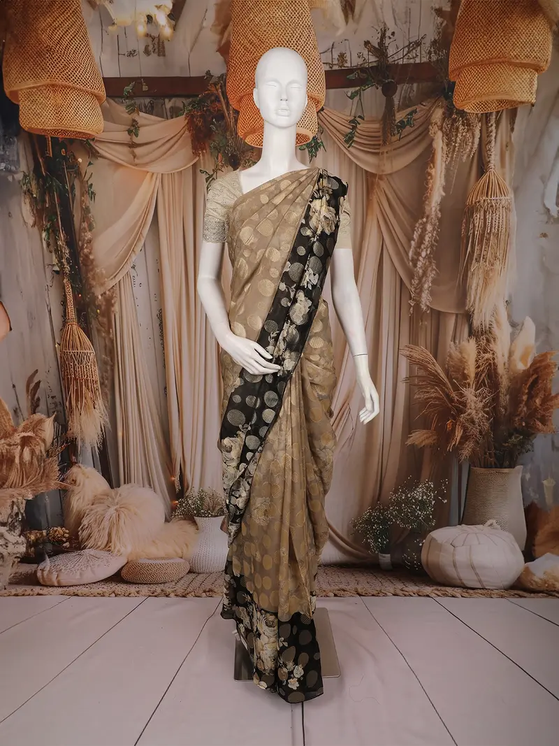 Beige Polka Woven Design Organza Saree With Contrast Black Floral Border 1