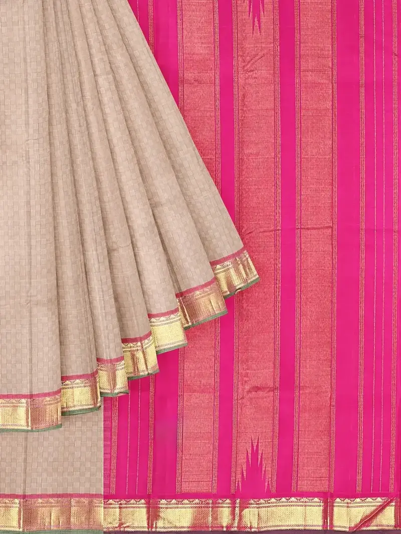 Beige Pure Kanchipuram Bridal Silk Saree With Checks Design On The Body And Contrast Zari Border 1