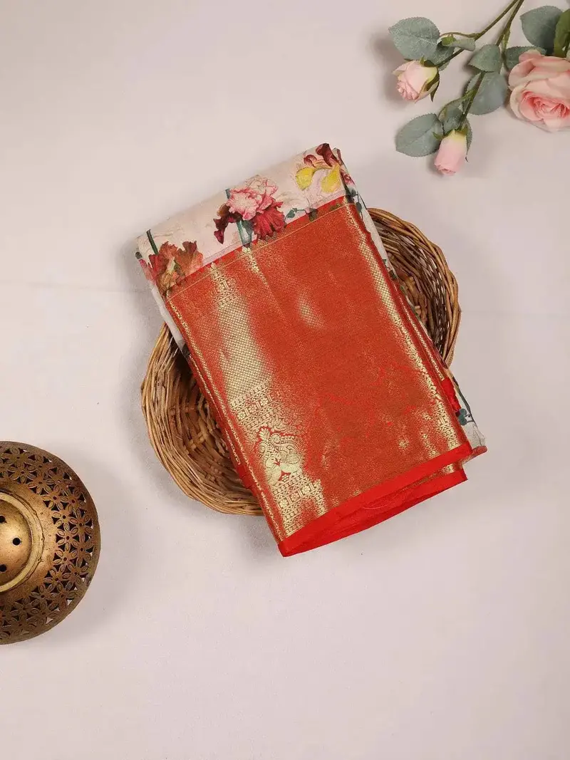 Beige Pure Kanchipuram Bridal Silk Saree With Floral Prints On The Body And Contrast Zari Border 1
