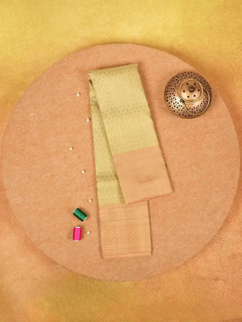 Beige Pure Kanchipuram Silk Saree With Floral Patterns On The Body With Designed Contrast Border 1