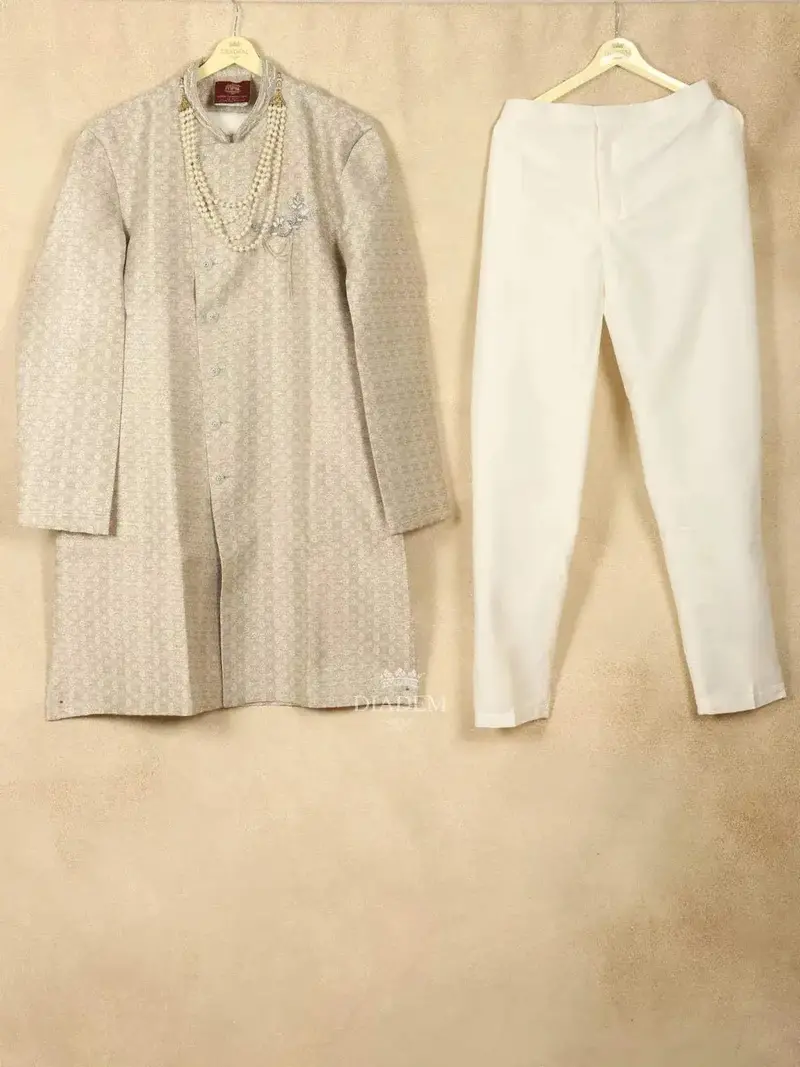 Beige Raw Silk Printed Sherwani Suit With Beaded Mala And Brooch 1