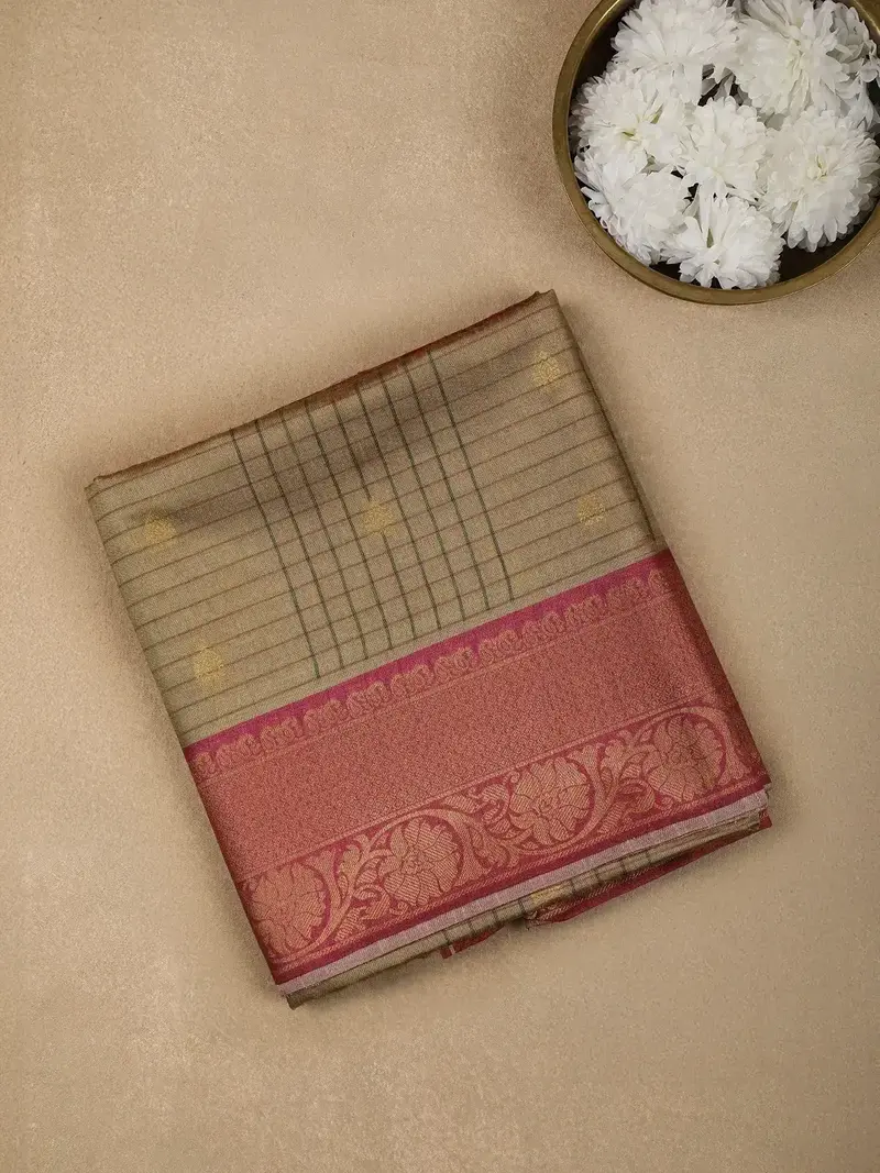 Beige Semi Tussar Silk Paisley And Floral Designed Saree 1