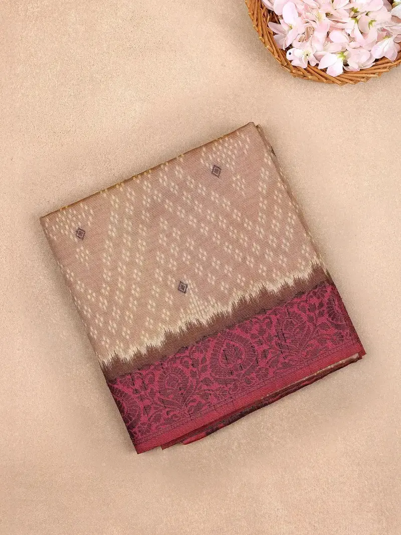 Beige Semi Tussar Silk Saree With Ikat Design 1