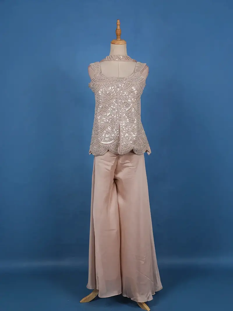 Beige Sequin Design Georgette Palazzo Suit 1