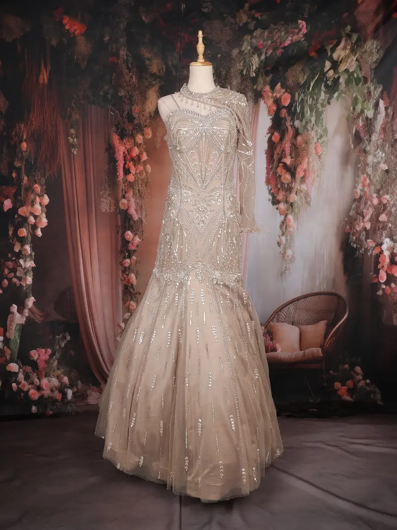 Beige Sequins And Beads Embroidered Design Net Mermaid Gown 1