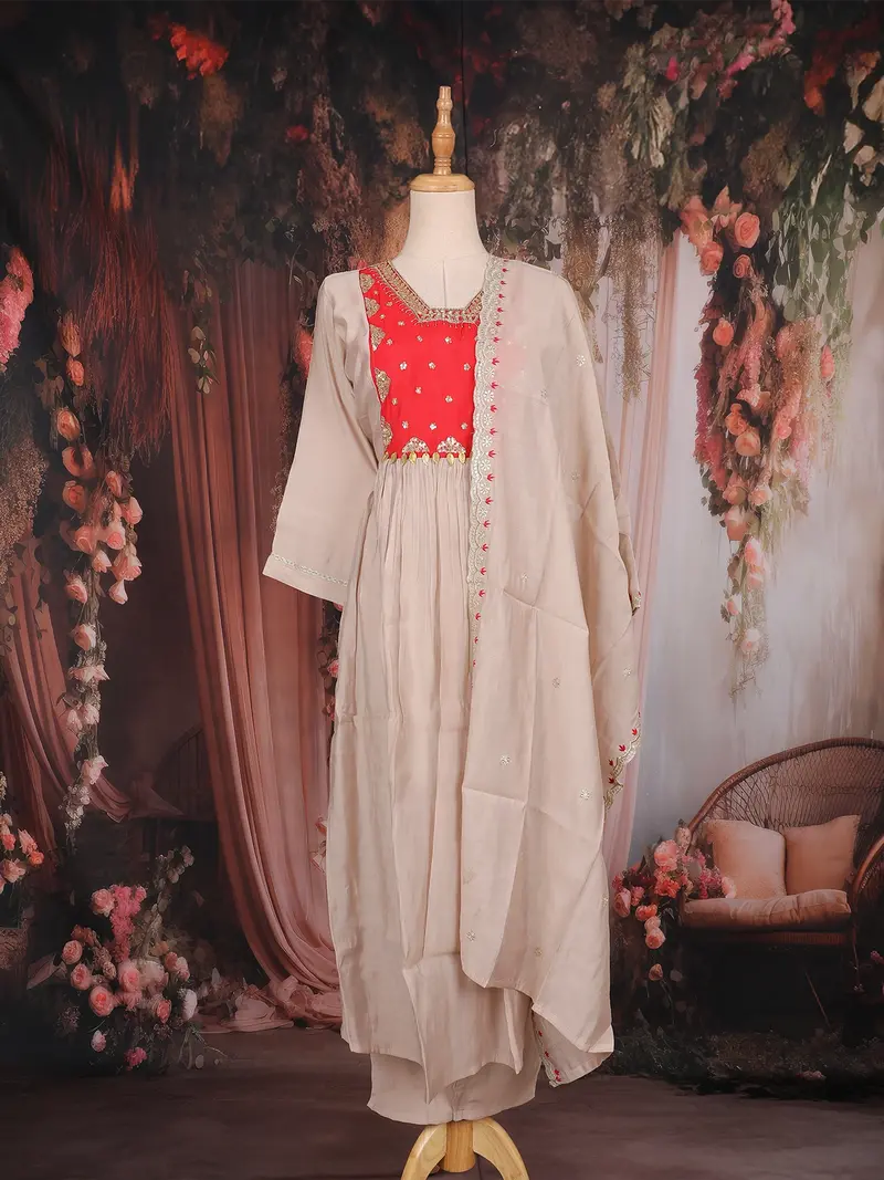 Beige Sequins Design Cotton Salwar Suit With Dupatta 1