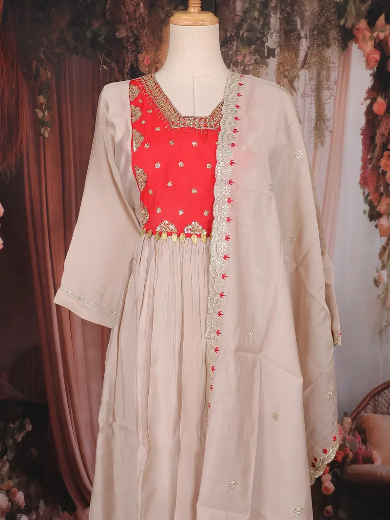 Beige Sequins Design Cotton Salwar Suit With Dupatta 2