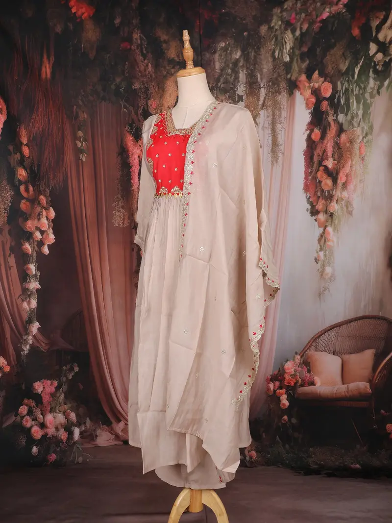 Beige Sequins Design Cotton Salwar Suit With Dupatta 3