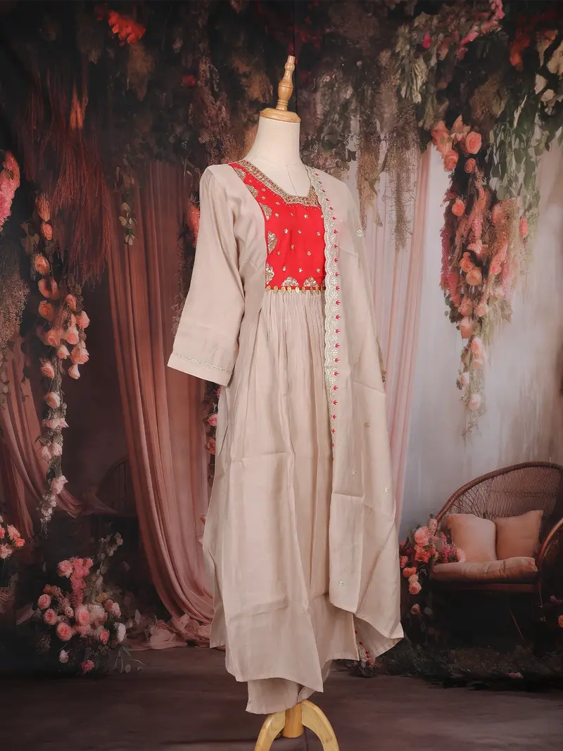 Beige Sequins Design Cotton Salwar Suit With Dupatta 4