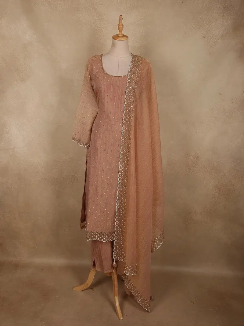 Beige Sequins Embroidered Design Tissue Silk Straight Cut Salwar Suit 1