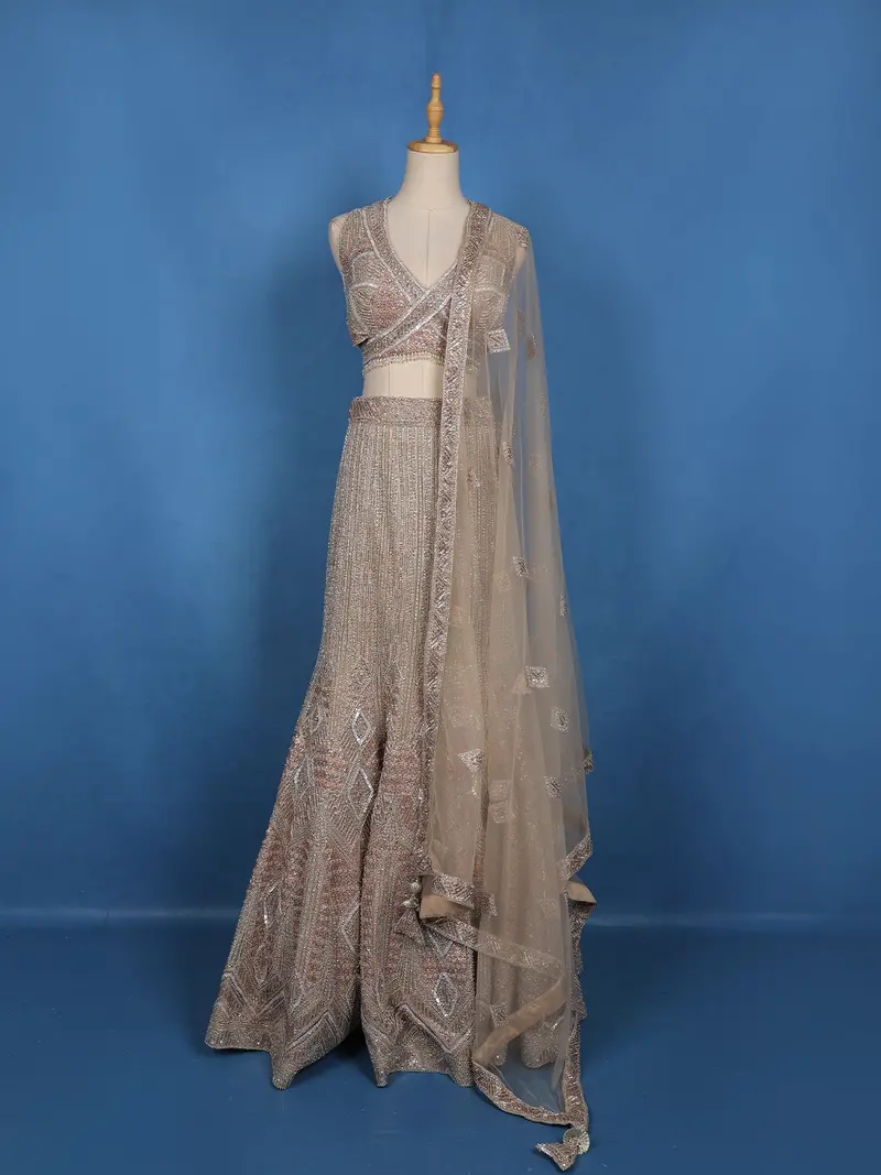 Beige Sequins Embroidered Mermaid Net Lehenga With Dupatta 1
