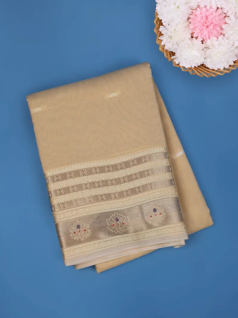 Beige Solid Design Fancy Cotton Saree 1