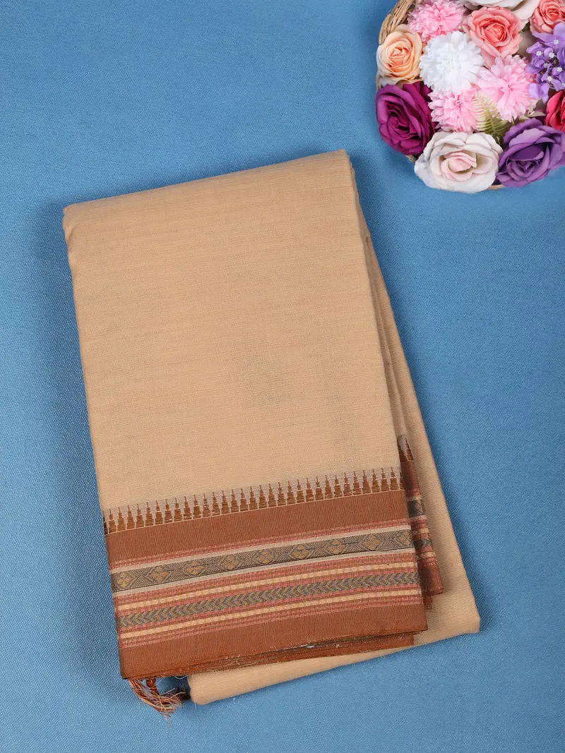 Beige Solid Design Pure Cotton Saree 1