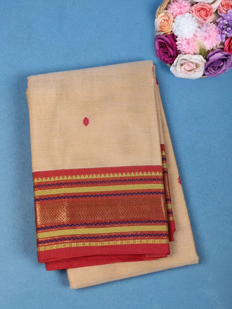 Beige Solid Design Pure Cotton Saree 1