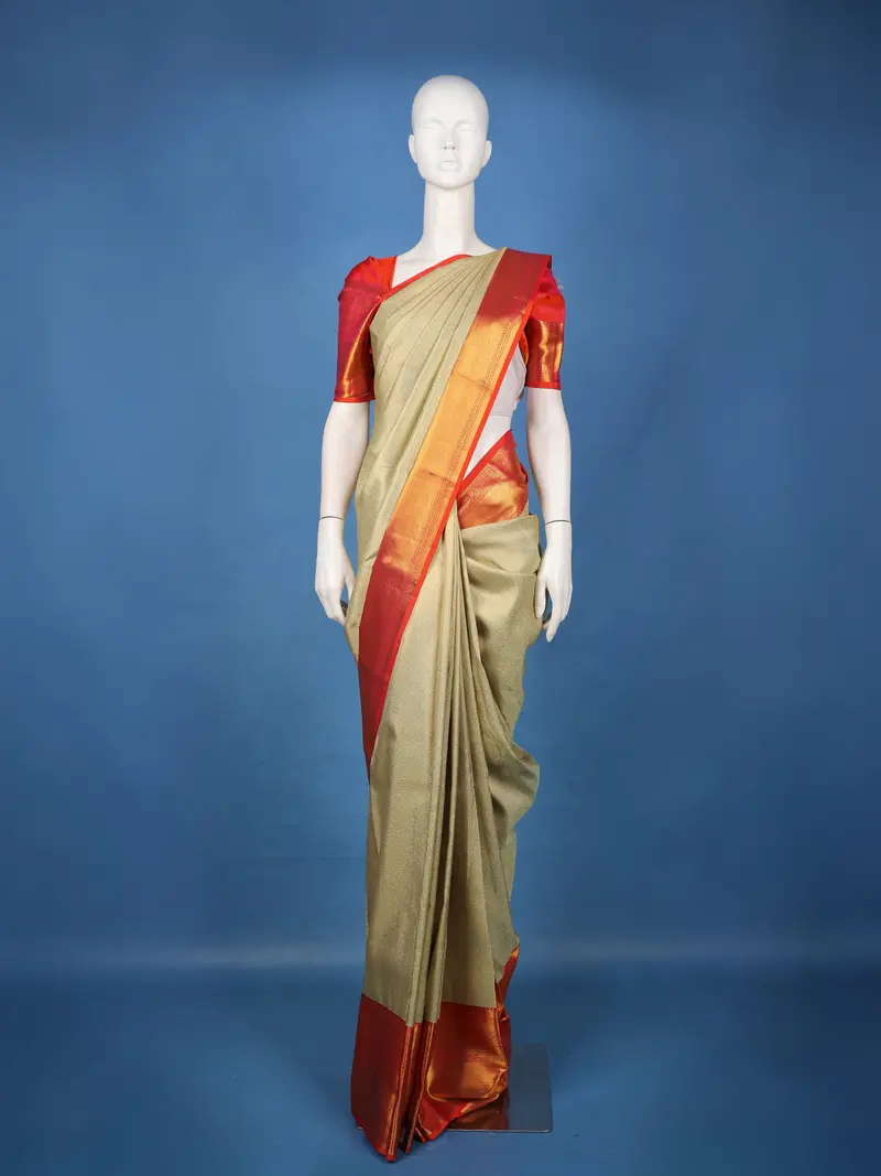 Beige Solid Woven Design Pure Kanchipuram Silk Saree 1