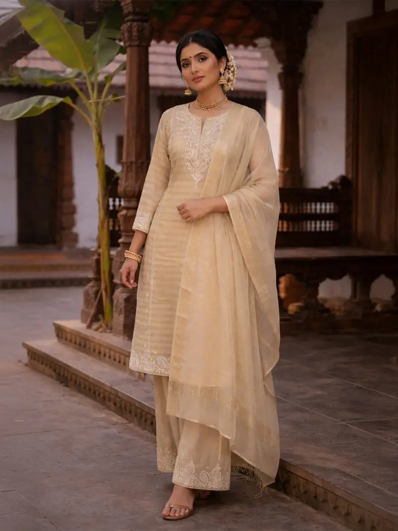 Beige Striped Embroidered Design Silk Straight Cut Salwar Suit With Dupatta 1