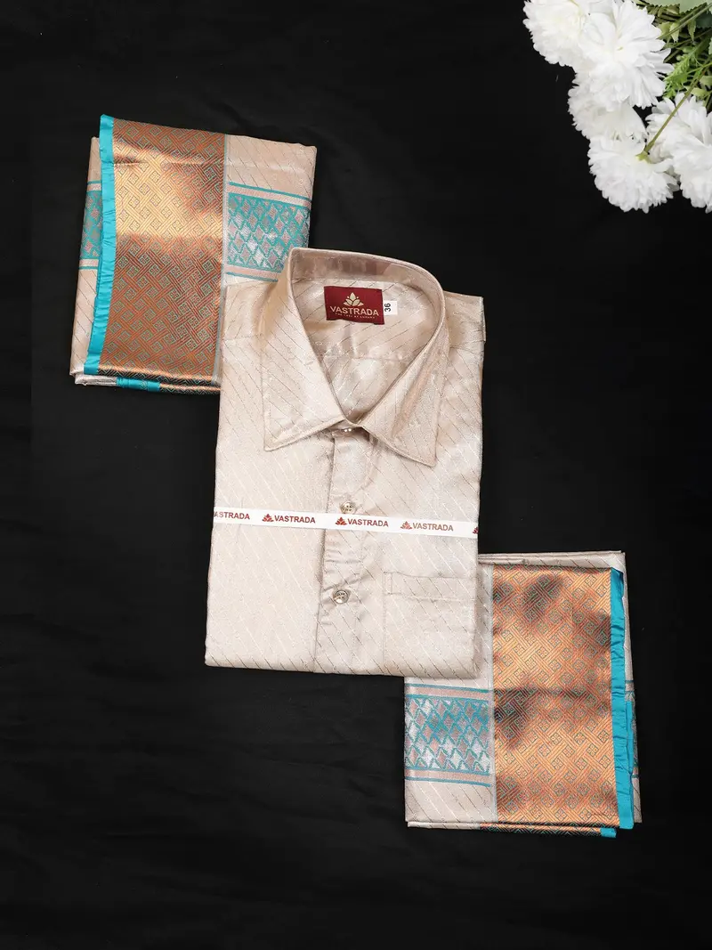 Beige Stripes Design Silk Shirt With Matching Dhoti Featuring Teal And Copper Zari Border 1