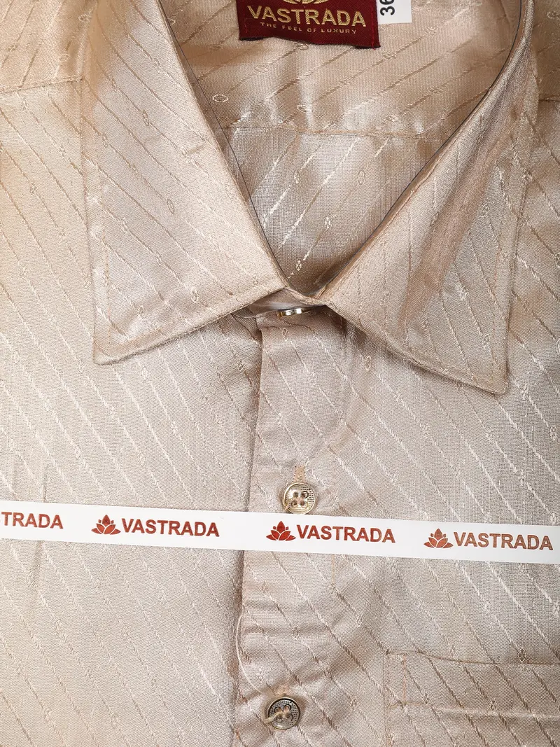 Beige Stripes Design Silk Shirt With Matching Dhoti Featuring Teal And Copper Zari Border 2