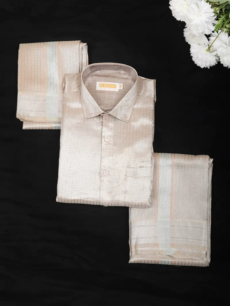 Beige Stripes Design Silk Shirt With Matching Zari Border Dhoti Set 1