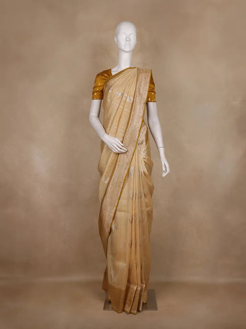 Beige Stripes Woven Semi Banarasi Saree With Gold Border 1