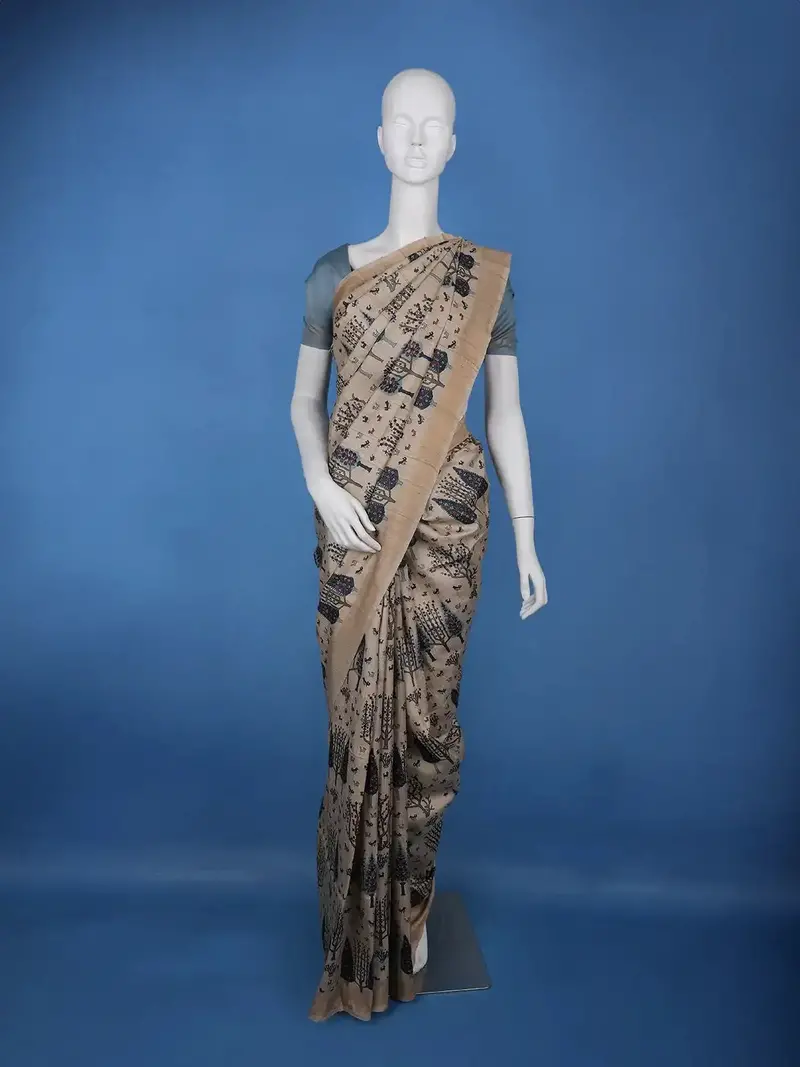 Beige Tree Motif Printed Tussar Silk Saree 1