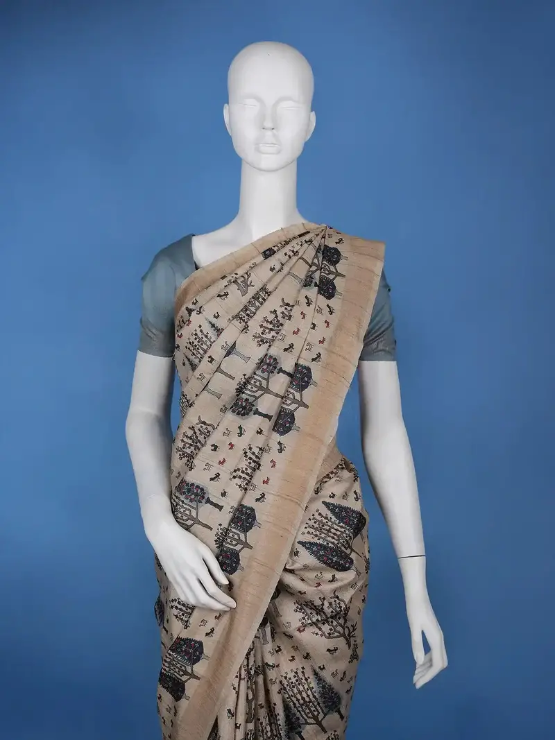 Beige Tree Motif Printed Tussar Silk Saree 2