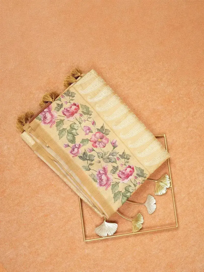 Beige Tussar Silk Saree With Designed Stripe Pattern On The Body And With Floral Border 1