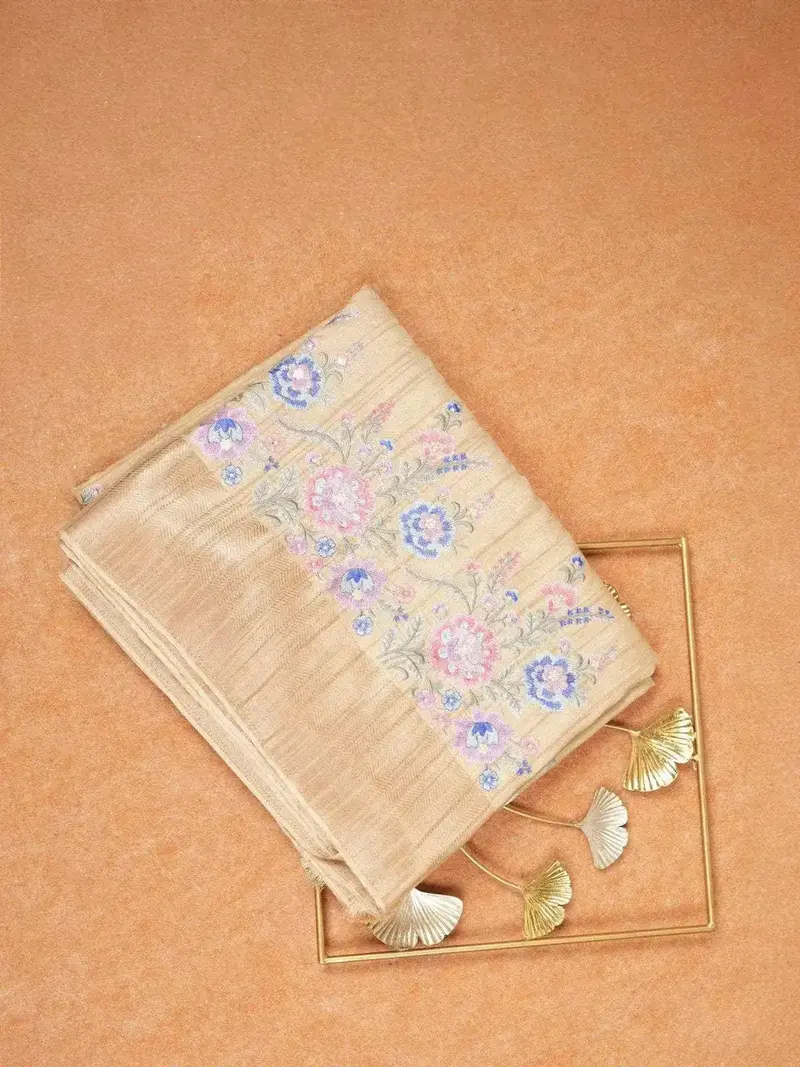 Beige Tussar Silk Saree With Floral Designs On The Body And With Designed Border 1