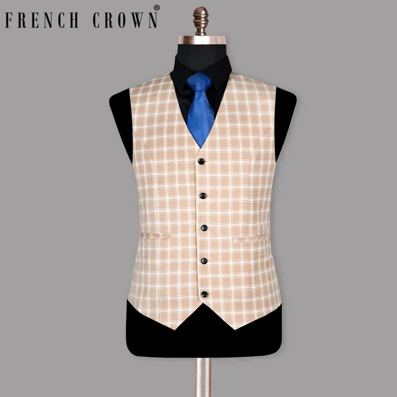 Beige Windowpane Wool Blend Waistcoat 1