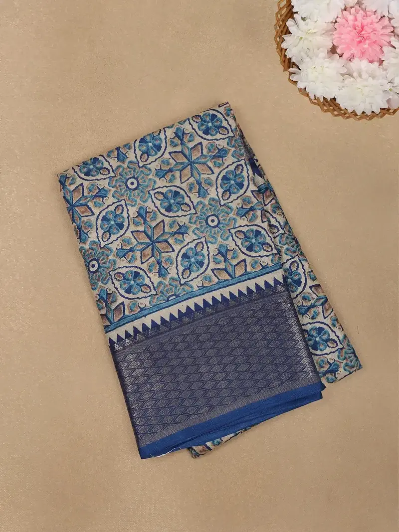 Beige With Blue Geometric And Floral Printed Cotton Saree 1