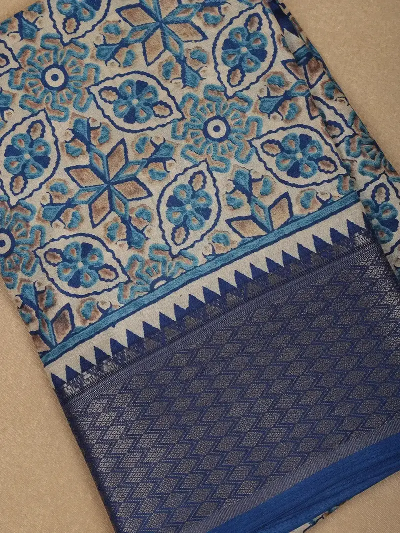 Beige With Blue Geometric And Floral Printed Cotton Saree 2