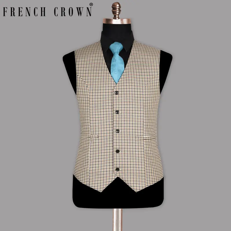 Beige With Brown Micro Checked Premium Cotton Waistcoat 1
