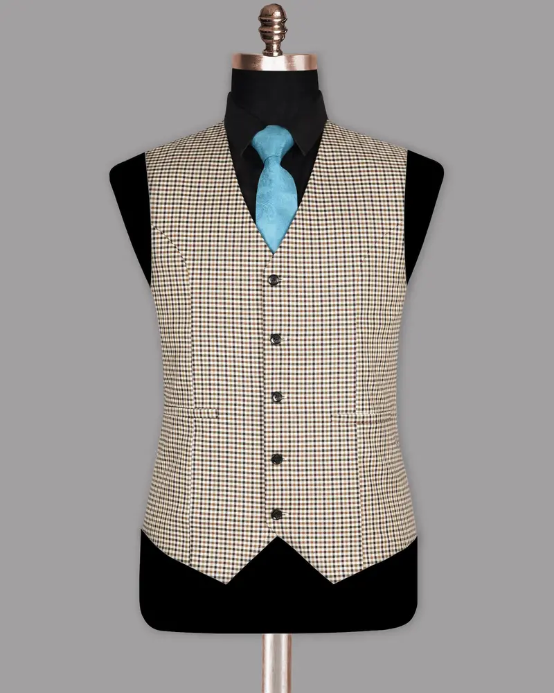 Beige With Brown Micro Checked Premium Cotton Waistcoat 2