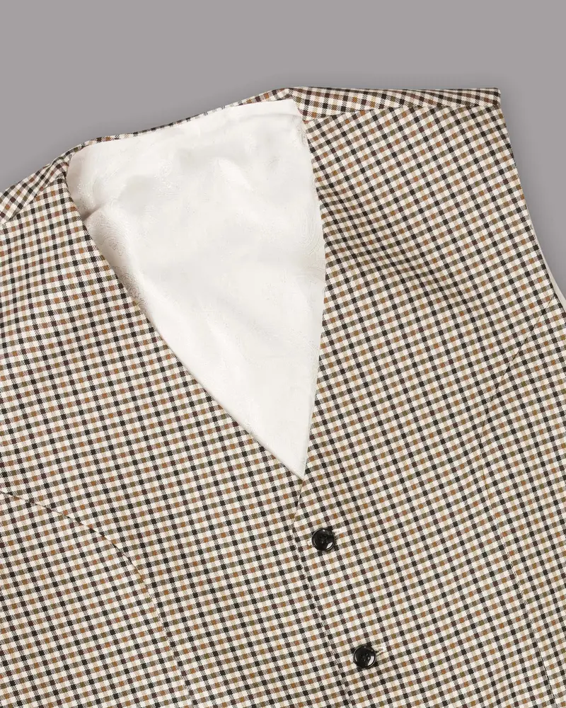 Beige With Brown Micro Checked Premium Cotton Waistcoat 4