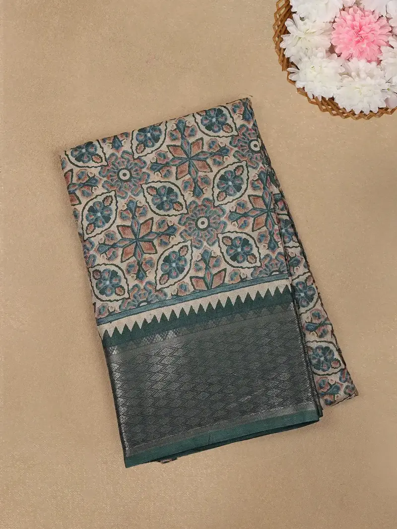 Beige With Green Geometric And Floral Printed Cotton Saree 1