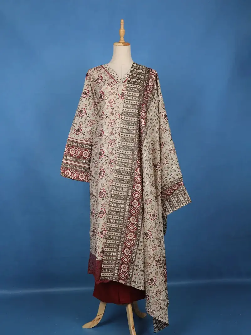 Beige With Maroon Floral Printed Cotton Palazzo Suit 1