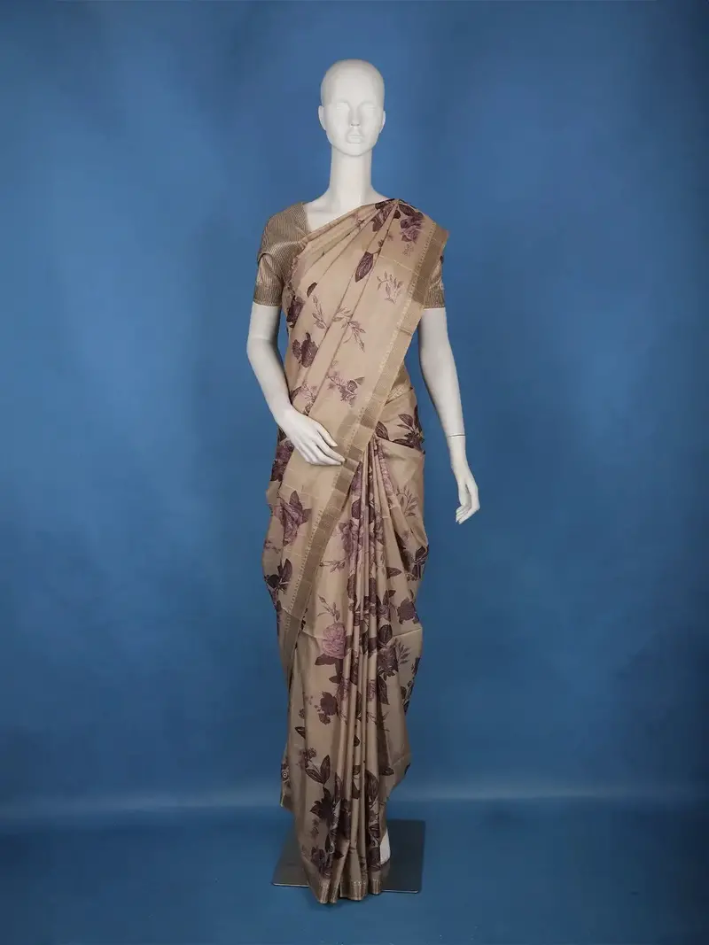 Beige With Purple Floral Printed Semi Tussar Saree 1