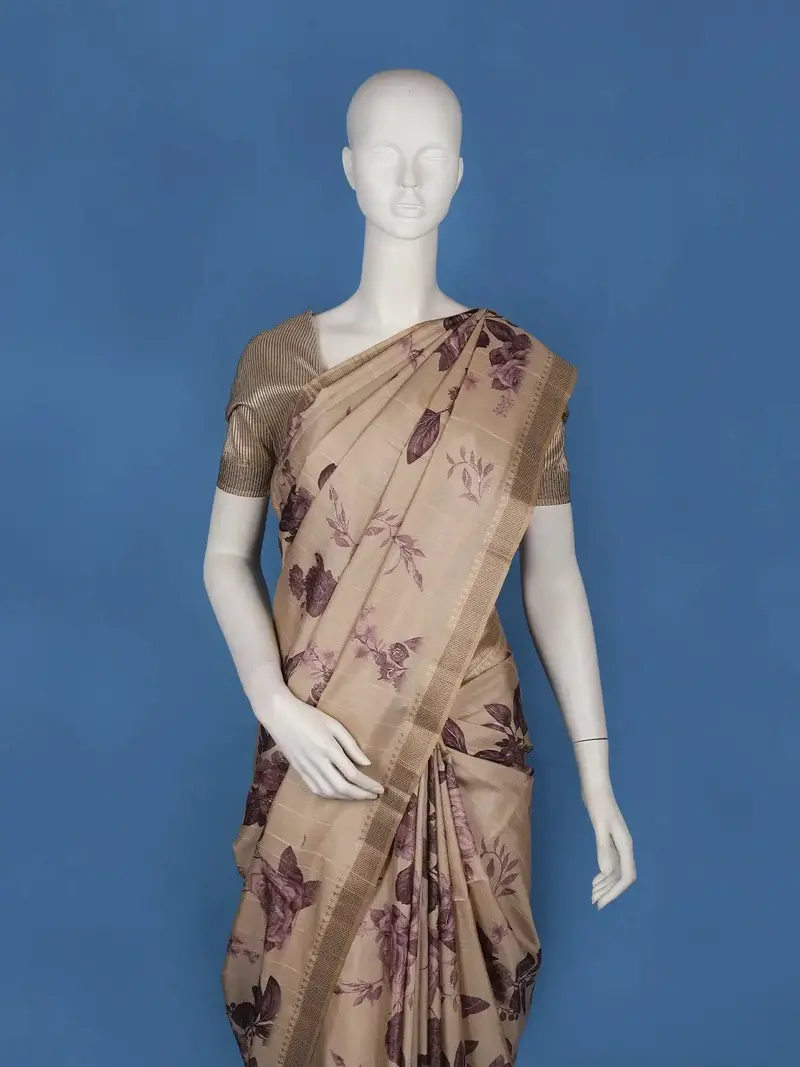 Beige With Purple Floral Printed Semi Tussar Saree 2