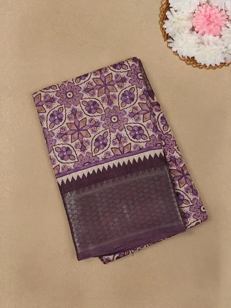 Beige With Purple Geometric And Floral Printed Cotton Saree 1