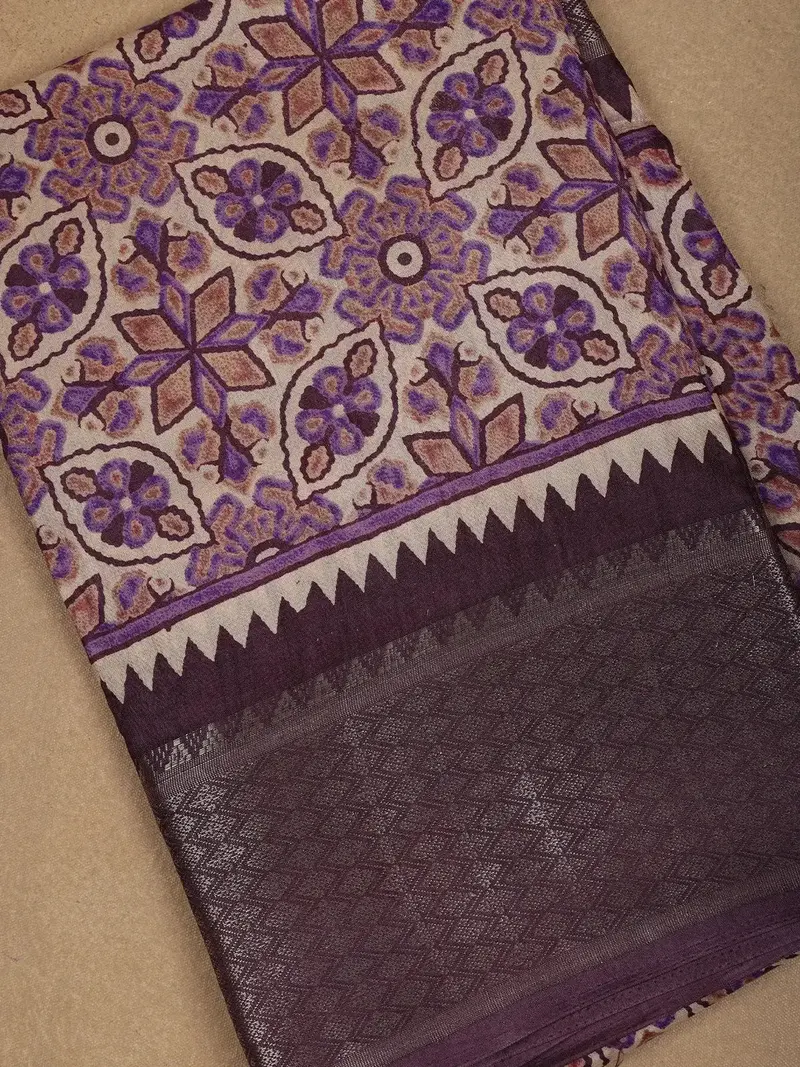 Beige With Purple Geometric And Floral Printed Cotton Saree 2