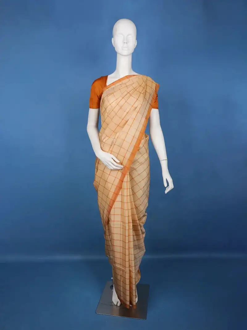 Beige With Rust Orange  Checked Pattern Silk Saree 1