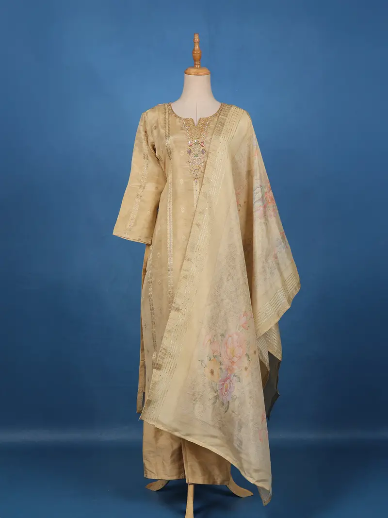 Beige Zari Embroidered Tussar Silk Salwar Suit With Floral Dupatta 1