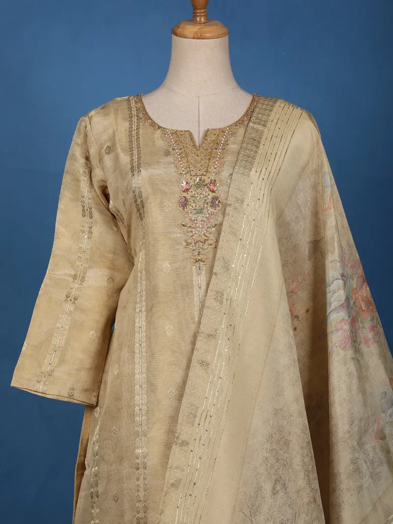 Beige Zari Embroidered Tussar Silk Salwar Suit With Floral Dupatta 2