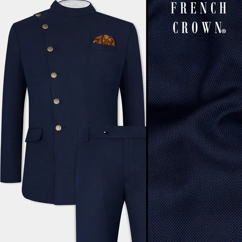 Berkeley Blue Wool Rich Cross Placket Bandhgala Suit 1